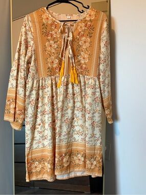 Boho Floral Tassel Tie Tunic Dress in Mustard & Cream